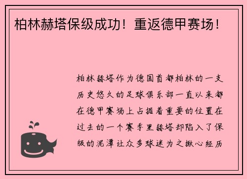 柏林赫塔保级成功！重返德甲赛场！